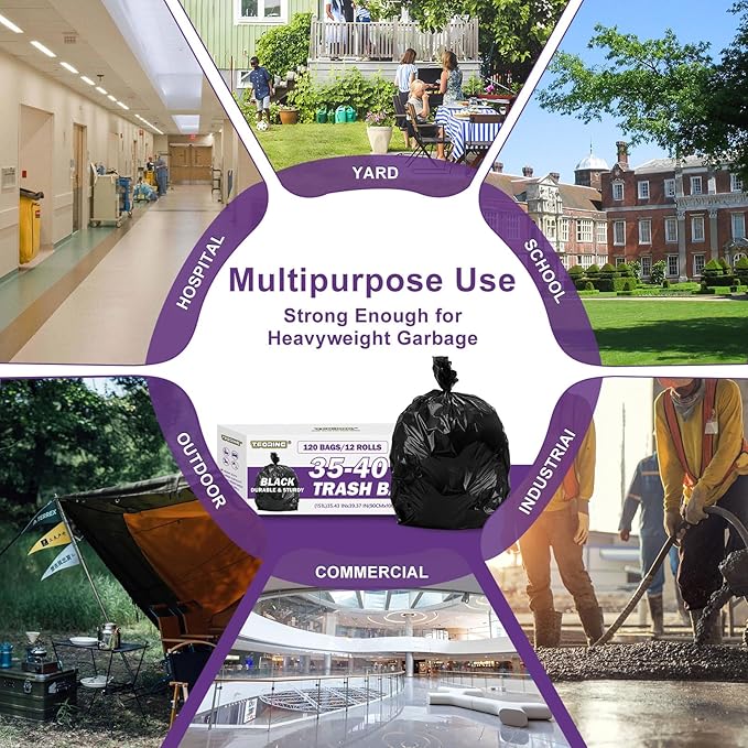 35-40 Gallon Black Trash Bags 120 Count - 35" x 40" Large Garbage Bags, 30+ Gallon Strong Trash Can Liners for Home, Commercial Use,Yard Waste, Bulk