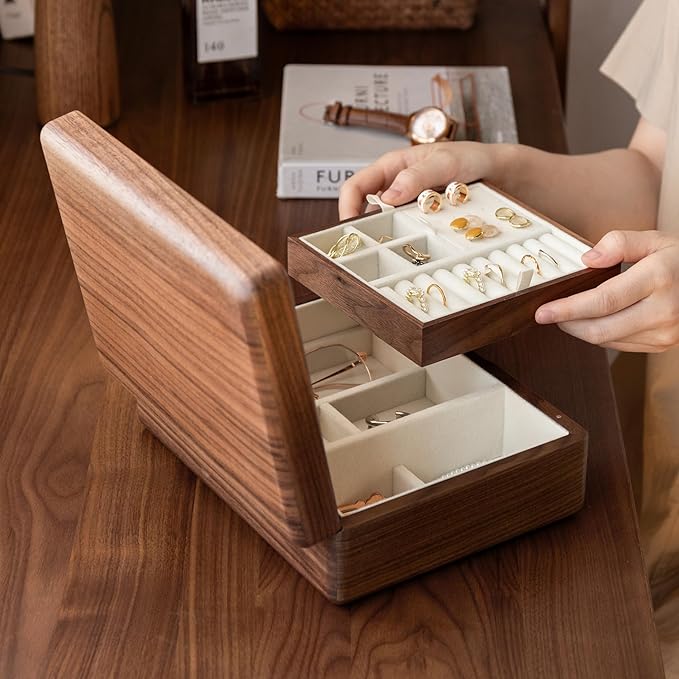 YESWOOD Jewelry Box Organizer, North America Black Walnut Wood Jewelry Boxes with 3 Drawers for Women for Storage & Display of Necklaces, Rings, Earrings, and Bracelets