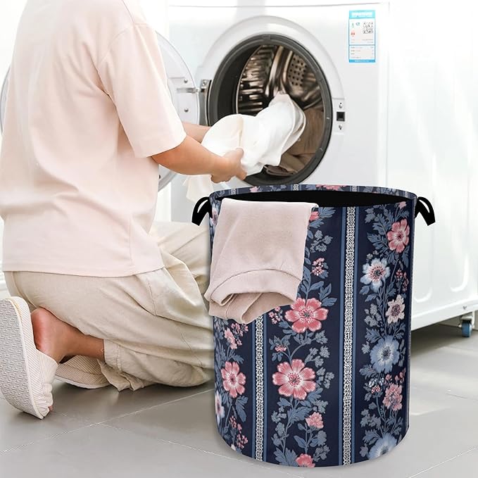 Boho Vintage Flower Laundry Basket,Foldable Oxford Cloth Tote Bag Laundry Hamper Clothes Storage Bucket Organizer for Bedroom Laundry Storage Dormitories 16" x 20.8"