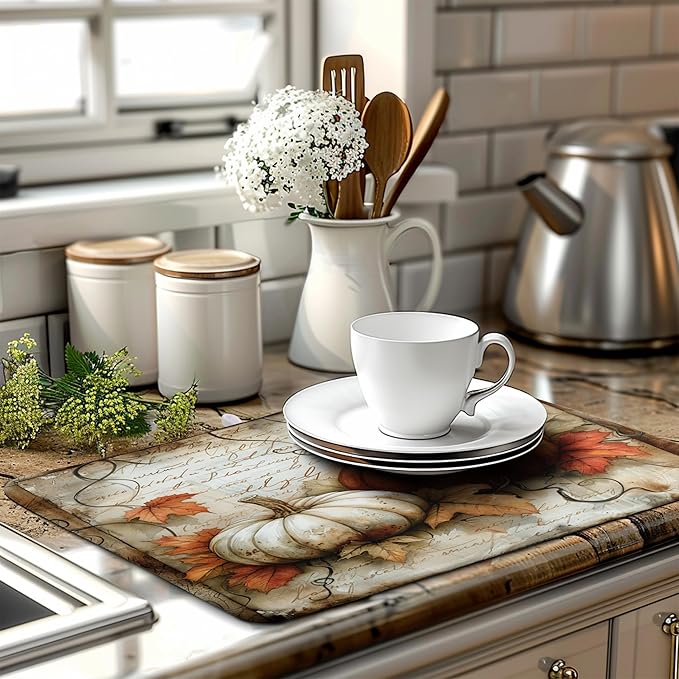 Fall Pumpkin Dish Drying Mats for Kitchen Counter 18x24 Inch Vintage Maple Leaves Dishes Drying Mat Seasonal Autumn Dish Drainer Mats Microfiber Absorbent Dish Drying Pads with Hanging Loop