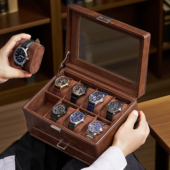 ProCase Watch Box for Men, Jewelry Organizer Box with Drawer, Display Storage Case with Glass Lid -Brown, 8 Slot