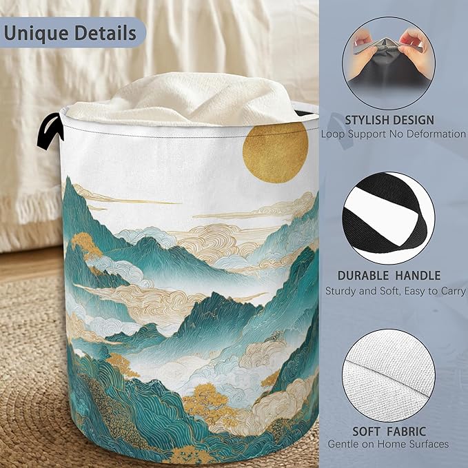 Abstract Mountains Laundry Basket,Golden Sun Foldable with Handles Tote Bag Oxford Cloth for Bathroom Bedroom Dirty Clothes Storage Bucket 16" x 20.8"
