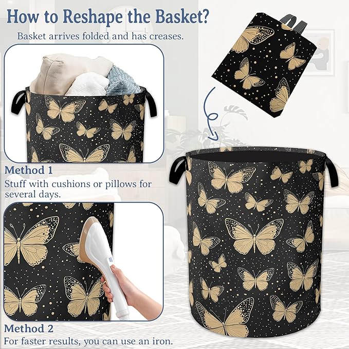 Golden Butterfly Laundry Basket,Foldable Waterproof Oxford Cloth Tote Bag Vintage Laundry Hamper with Handles,20.8"x16" Clothes Storage Bucket Organizer for Laundry Room, Bathroom, Bedroom
