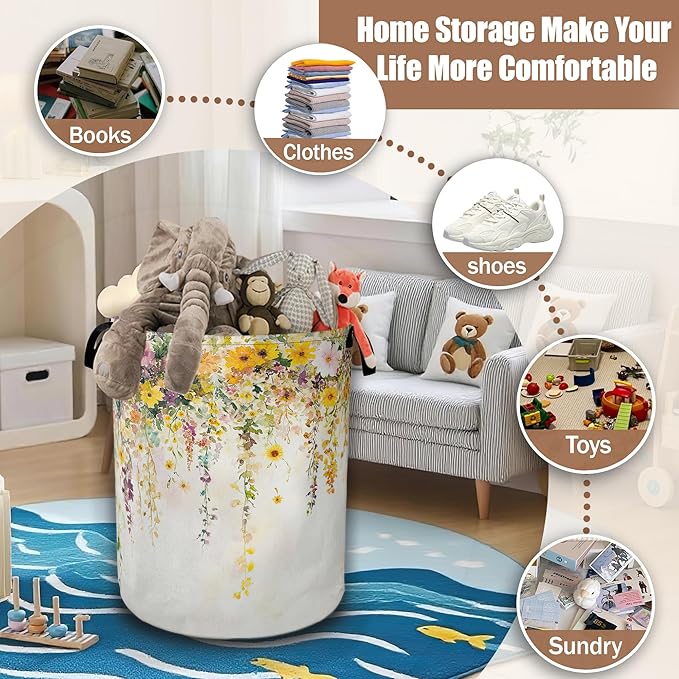 Colorful Flowers Laundry Basket,Watercolor Plants Laundry Hamper Waterproof Oxford Cloth Tote Collapsible,Clothes Storage Bucket Decorative Toy Organizer For Bathroom Bedroom 16" x 20.8"