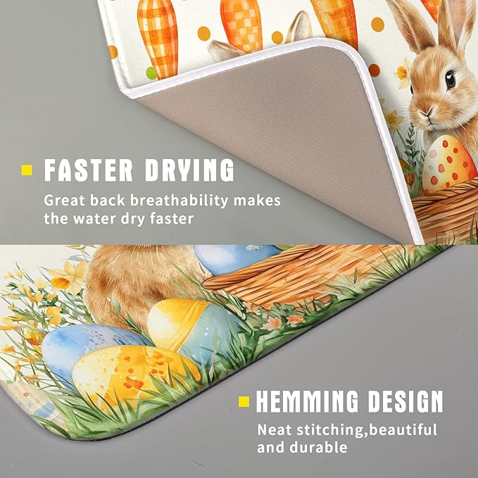Giwawa Easter Bunny Dish Drying Mat Eggs Carrot Dishes Drainer Pad Absorbent Reversible Dish Rack Mat Protector for Kitchen Countertop 16x18 Inch