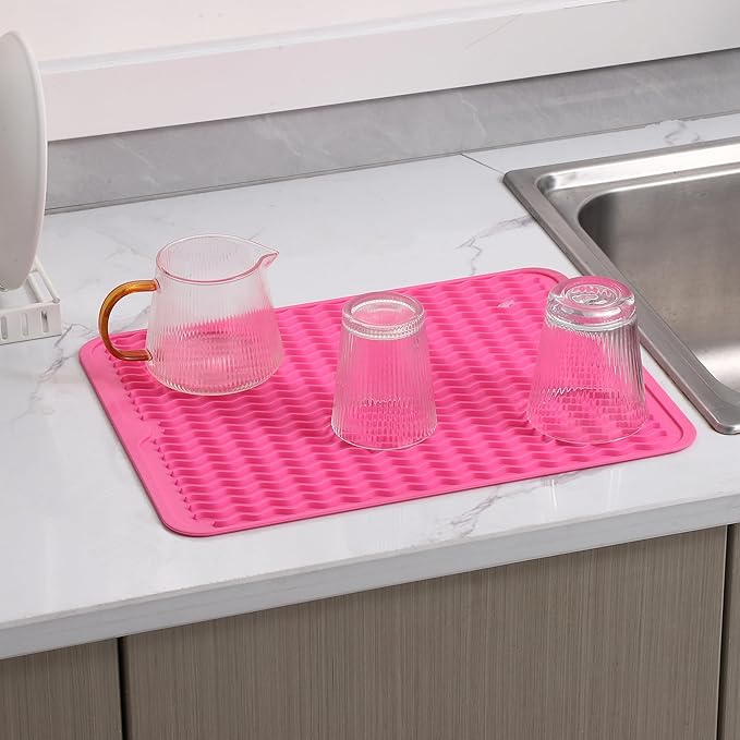 MicoYang Silicone Dish Drying Mat for Multiple Usage,Easy clean,Eco-friendly,Heat-resistant Silicone Mat for Kitchen Counter or Sink,Refrigerator or drawer liner Rose L 16 inches x 12 inches