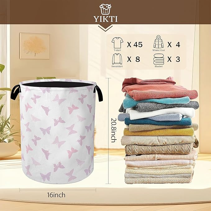 Collapsible Laundry Basket,Pink Butterfly Dirty Clothes Hamper,Girls Hampers for Bedroom Waterproof Oxford Cloth Storage Organizer for Bathroom,Nursery,Dorm,16x20 Inch