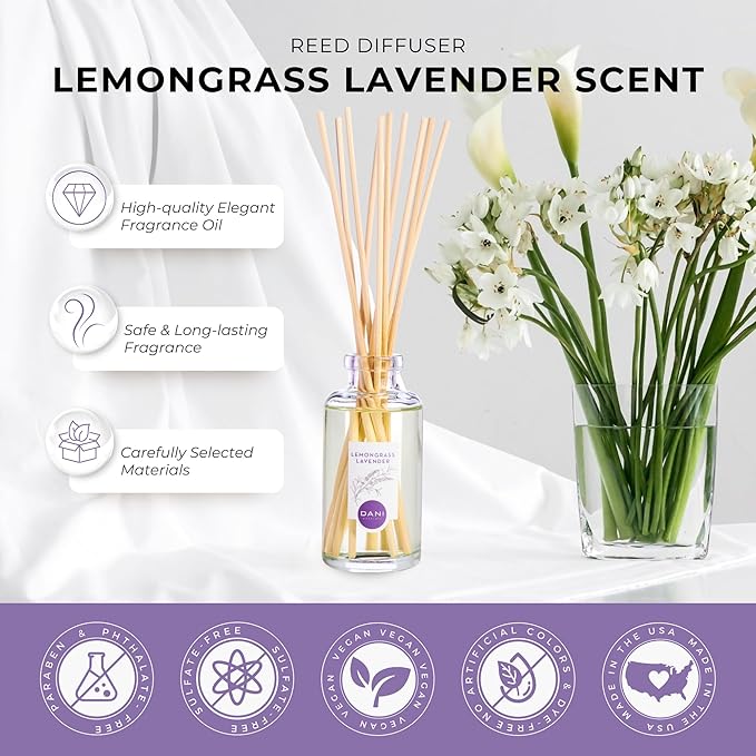 DANI Naturals Reed Diffuser Set - Calming Lavender Lemongrass Scent - Aromatherapy Essential Oils - Alcohol-Free, Non-Toxic - 10 Sticks - 3.5 oz