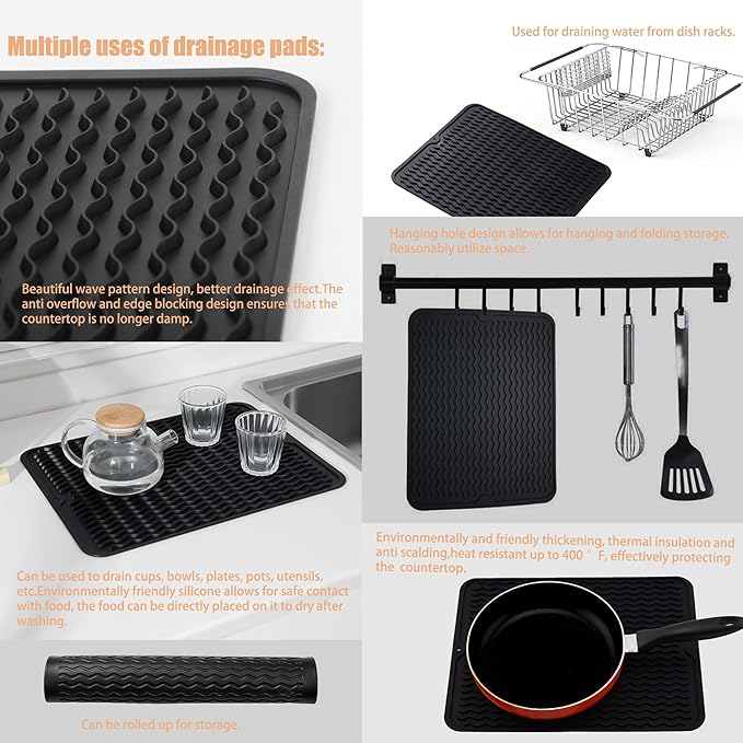 NiuYichee Stainless Steel Dish Drying Rack(15.2"L X 11"W X 5.3"H), Expandable Fruit & Vegetable Drain Rack over Sink, Dish Drainer Rack in Sink, with Stainless Steel Utensil Holder & Silicone Mat(16")