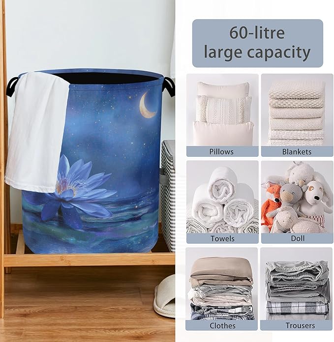 Water Lily Laundry Basket,Moon Oxford Cloth Laundry Hamper with Handle Foldable Portable Clothes Storage Basket for Bathroom Bedroom Dorm Room 16" x 20.8"