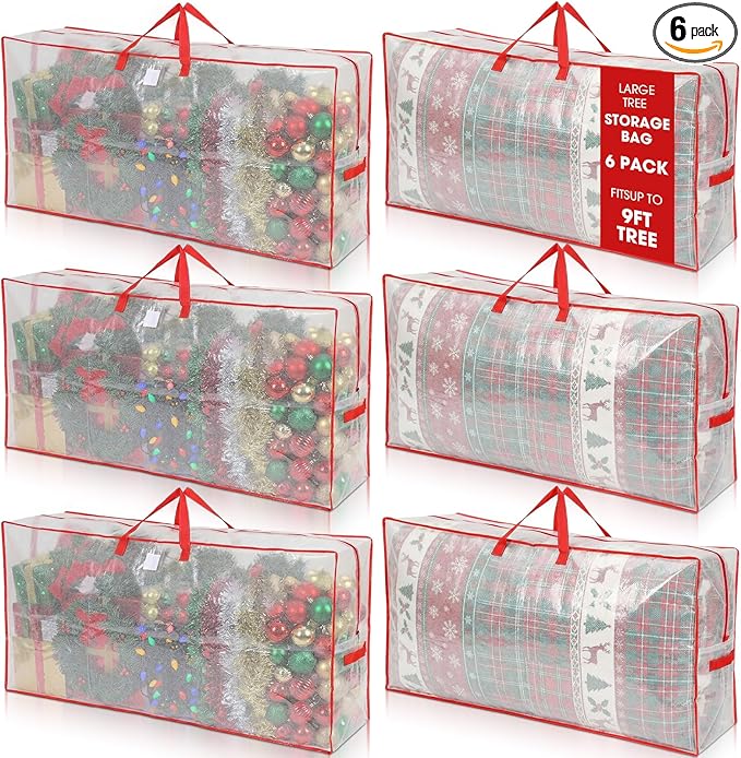 6 Pack Extra Large Christmas Tree Storage Bag 9 ft Artificial Tree, 126gallon Heavy Duty Moving Bag 65" Waterproof Clear Oversized Box with Handle Label Pocket for Camping College (Red)