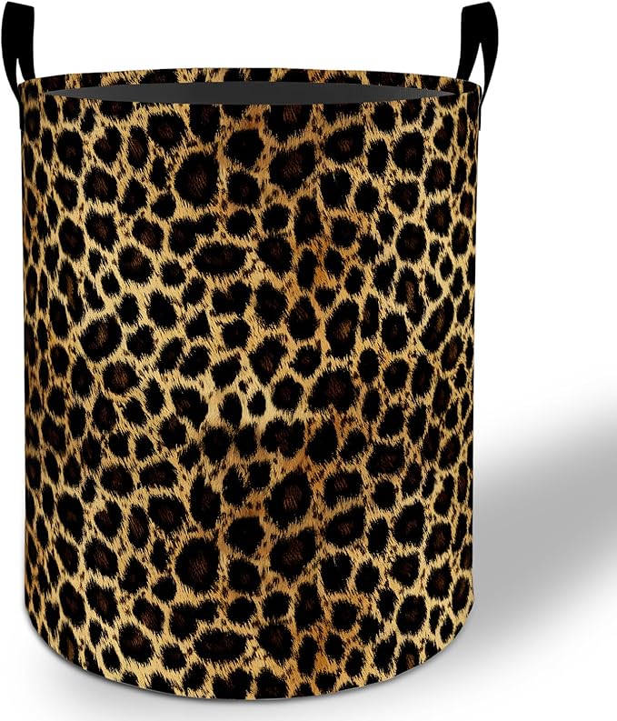 Leopard Print Laundry Basket Hamper 19.7"x15.8", Animal Foldable Waterproof Oxford Clothes Storage Bucket for Room Bathroom Bedroom Nursery Decor, Toy Organizer Bins Gifts for Kids Boys Girls