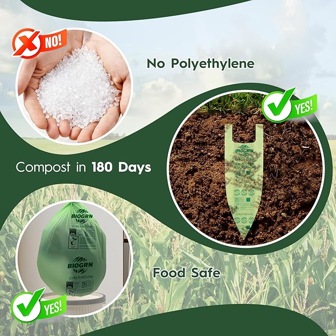 10-13 Gallon Compostable Trash Bags with Handles Tie 30 Bags Biodegradable Garbage Bags Food Scrap Green Waste Bags Thick 0.87 Mil 49.21 Liter ASTM D6400, US BPI and OK Compost Home Certified