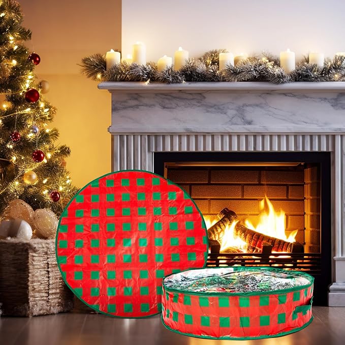 Aliceset 4 Pack Wreath Storage Containers, Christmas Ornament Garland Wreath Storage Bags with Handle Dual Zipper Large Decorative Storages Box for Winter Wreaths(30 x 30 x 7.8 Inch,Red Green Plaid)