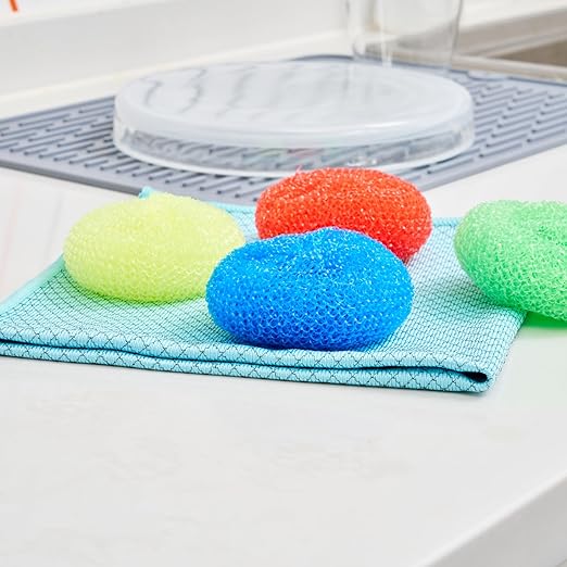 Restaurantware Plastic Dish Scrubbers 40 Pack 2.953 x 2.953 x 0.984 Inches Durable Non-Scratch Scrubbers Plastic Mesh Cleaning Pads Easy Grip Assorted Colors for Multi-Surface Cleaning