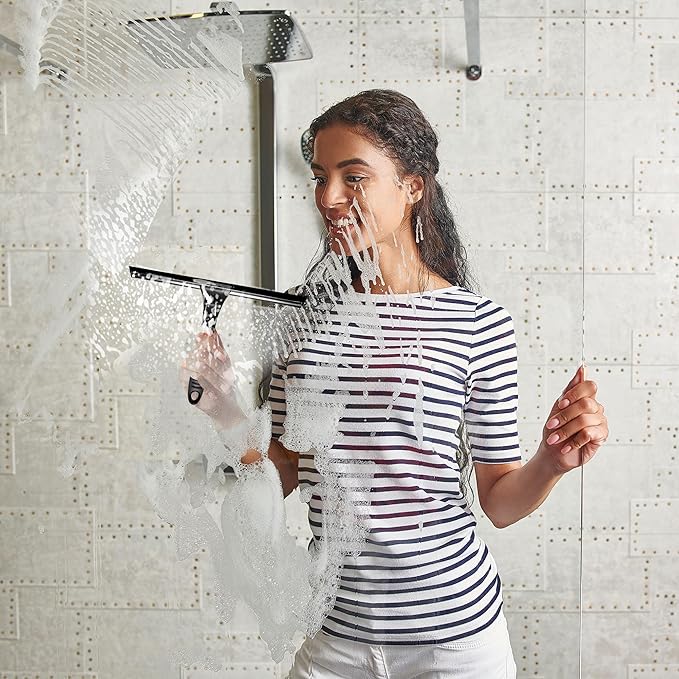 Scrub Brush Set of 6 pcs - Cleaning Shower Scrubbers with Squeegee for Shower Glass and Adhesive Wall Hooks Including Grout Cleaner Brush, Scrub Brushes for Cleaning Bathroom, Shower, Tile, Bathtub