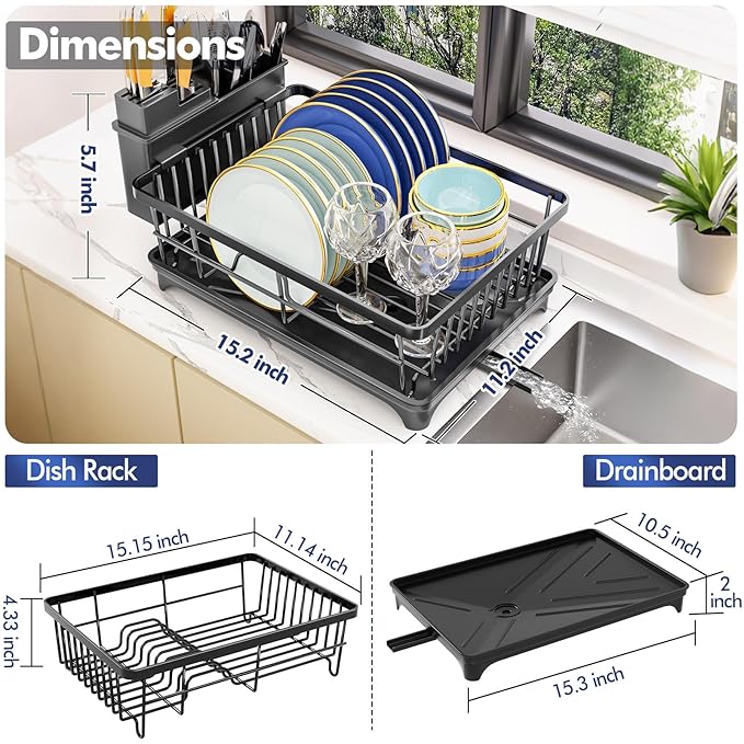 Storico Dish Drying Rack - Space-Saving Dish Rack, Sink Dish Rack for Kitchen Counter, Rustproof Dish Drainer Organizer with Utensil Holder, Black