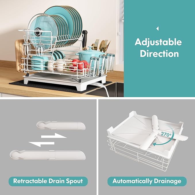 BOOSINY 2 Tier White Large Stainless Steel Dish Drainers Drying Rack for Kitchen Counter with Drainboard, Rust Proof Metal, Space Saving, Modern Aesthetic, Compact Plates Strainers with Extra Mat
