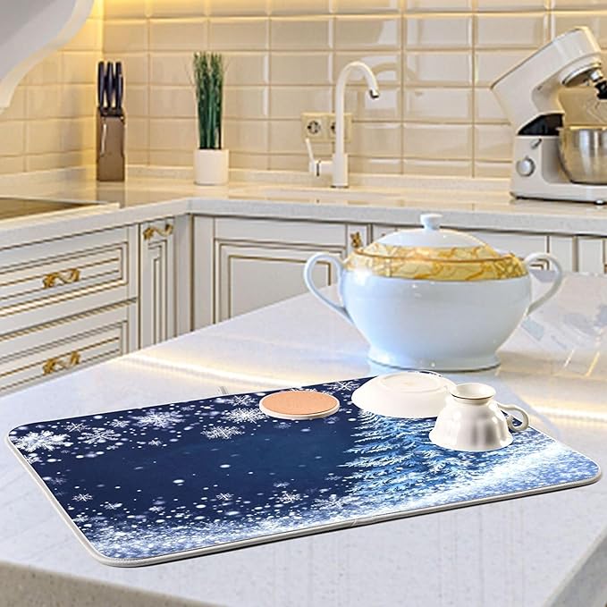 Christmas Tree Blue Dish Drying Mat for Kitchen Countertop 18x24 Winter Snowflake Silver Xmas Large Drying Mat Reusable Quick Dry Dish Sink Mats Easy Clean Decorative Essentials