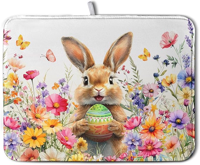 Spring Easter Dish Drying Mat for Kitchen Counter Easter Bunny Rabbit Eggs Flowers Dishes Drainer Mats 18x24 Microfiber Absorbent Large Dish Drying Pad for Kitchen Countertop Tableware Decor
