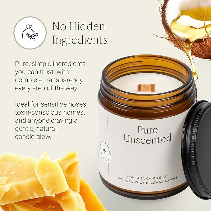 Fontana Candle Co Wood Wick Beeswax Jar Candles, Unscented - Made with Coconut Oil & Pure Essential Oils – Clean Burn, Long Lasting and Non-Toxic Candles for Home & Room Decor
