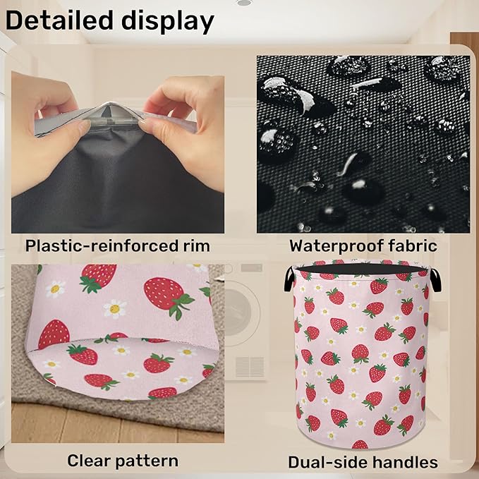 Cute Pink Strawberry Laundry Basket, Extra Large Foldable Hamper for Bathroom/Laundry/Bedroom/Dorm, Washable Fabric Storage Bin with Handle