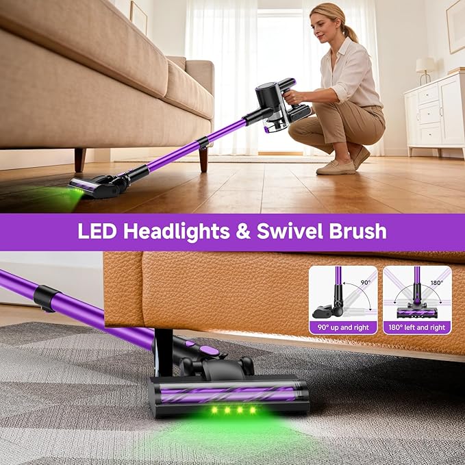 Honki Cordless Vacuum Cleaner, 500W/40Kpa Vacuum Cleaners for Home, Stick Vacuum Cordless with LED Display, Anti-Tangle & Wall Mount, 8 in 1 Lightweight Vacuum for Hard Floors Pet Hair(Purple)