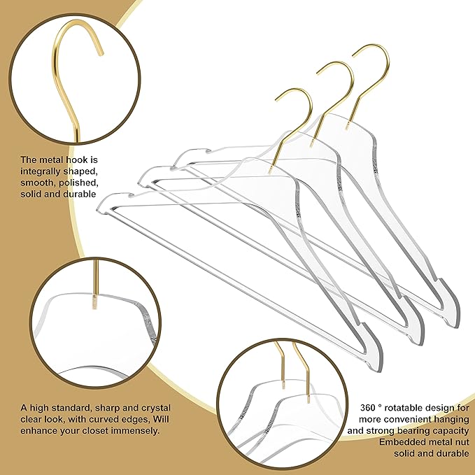 Quality Acrylic Clear Lucite Hangers 5-Pack with Gold Hanging Hooks for Clothes, Pants, Suit Jackets, Coats, and Shirts, Closet and Wardrobe Organization (Matte Gold Hook, 100)