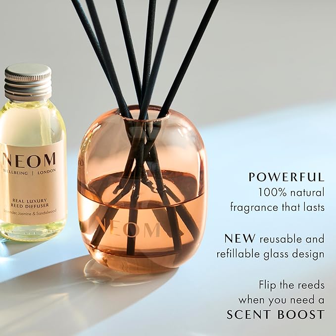 NEOM Real Luxury Reed Diffuser,100ml | Lavender, Jasmine & Sandalwood I 100% Natural Fragrances I Last up to 12 Weeks I Refillable and Reusable