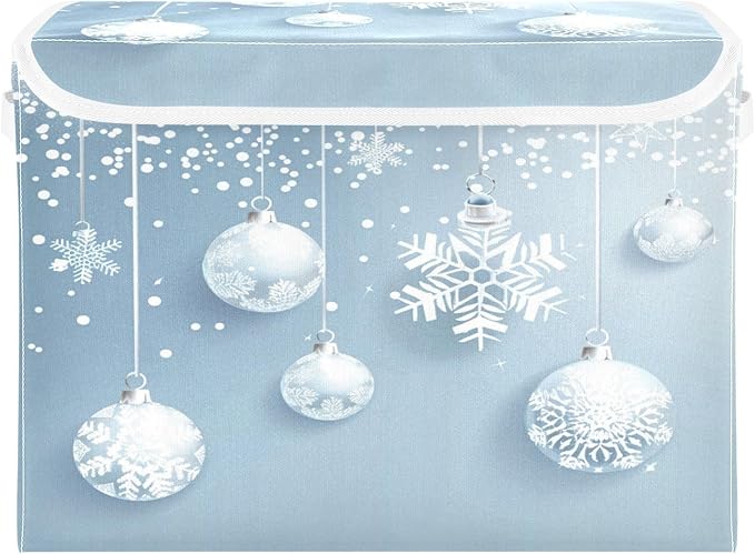 senya Christmas Baskets Collapsible Storage Bins with Lids, Christmas Balls White Snowflakes Storage Boxes Clothes Baskets for Organizing