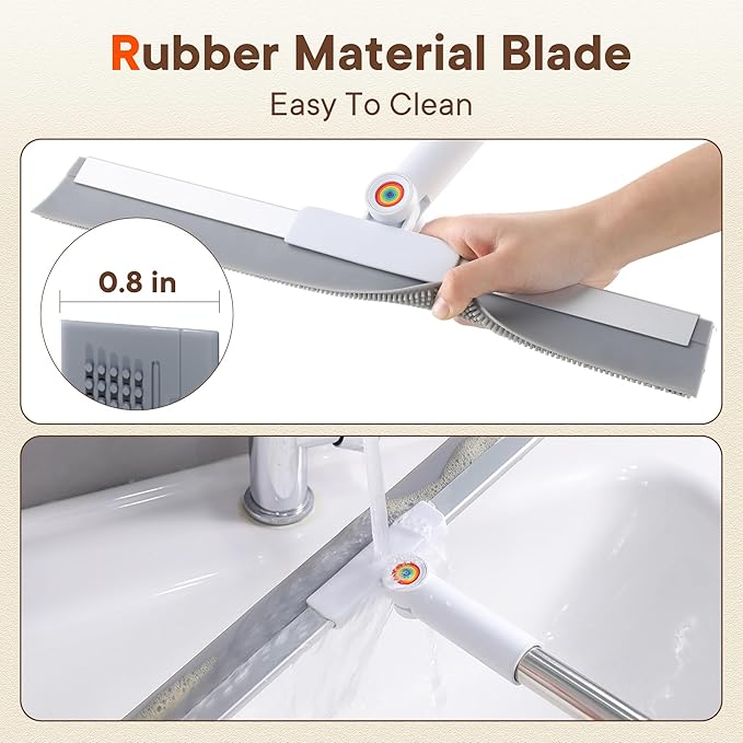 Floor Squeegee for Water & Pet Hair, Silicone Squeegee with 62" Long Handle, Includes 2 Cleaning Cloths, Squeegee for Concrete Floors, Garage, Bathroom Tile, Shower Glass, Carpet, Deck & Hardwood