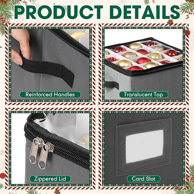 CHENGU 2-pack Christmas Ornament Storage Stores up to 64 Christmas Ball Accessories Holder with Adjustable Dividers, Zippered Closure Two Handles for Holiday Ornaments and Xmas Decorations(Grey)