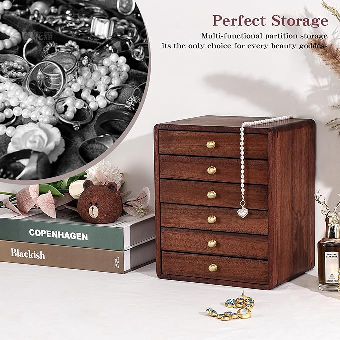 Jewelry Box for Women Girls, Wooden Jewelry Box Organizer Functional With Drawers, 6 Layers Jewelry Storage Organizer for Earring, Ring, Necklace, Bracelets