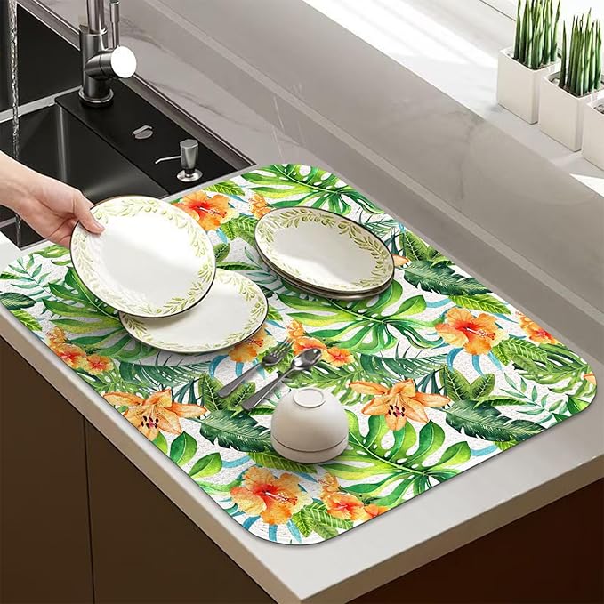Quick Absorbent Kitchen Drying Mat - Stylish Patterns Dish Drying Mat- 16×18 Inch & 18×24 Inch Kitchen Drainer Mat for Countertops, Dishes & Glassware