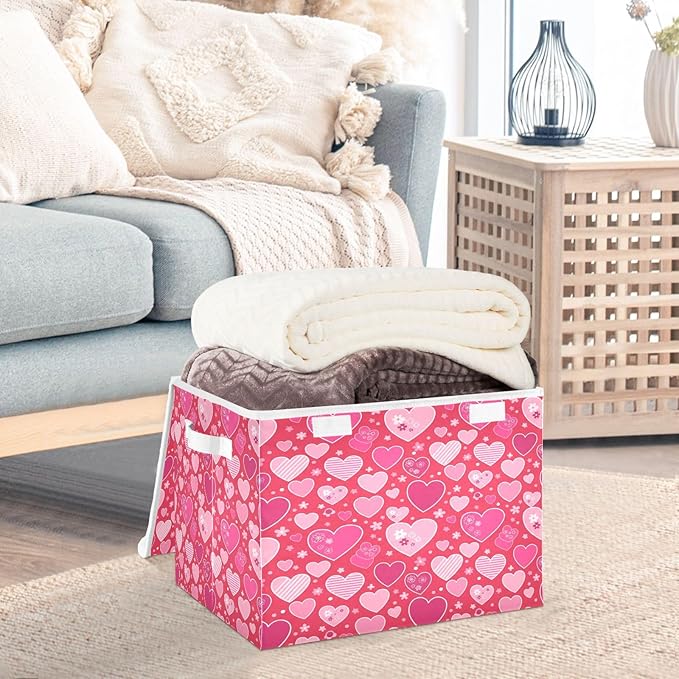 Bolaz Valentines Red Heart Flower Florals Storage Bins with Lids and Handles, Foldable Storage Box Storage Basket with Cover Collapsible Organizer Containers for Home Closet, Shelves