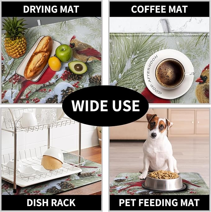 Kwlegh Winter Dish Drying Mat for Kitchen Counter 16x18 Inch Christmas Red Birds Drying Mats Xmas Holiday Microfiber Absorbent Dishes Drainer Mats Cardinal Dish Rack Pad