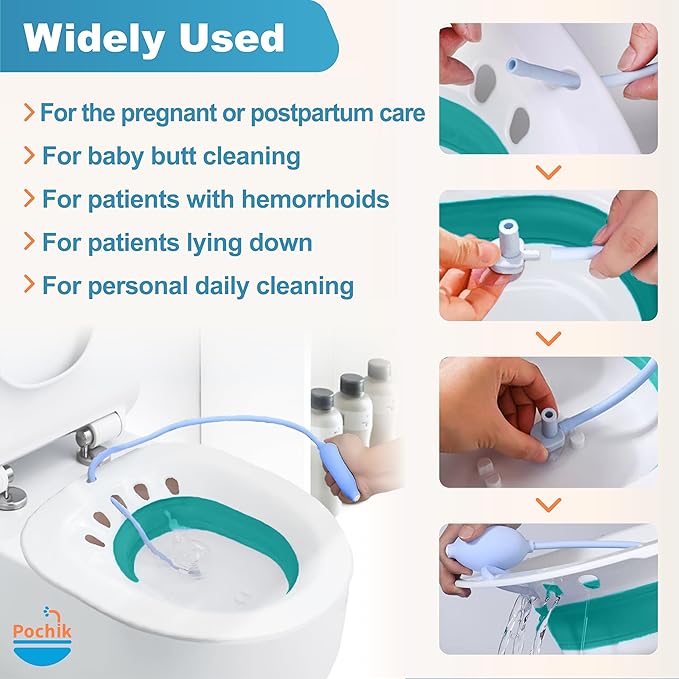 Pochik Sitz Bath for Toilet Seat Hemorrhoids and Postpartum Care, Yoni Steam Seat, Perineal Soaking, Collapsible, Flusher Hose, Drain Holes, Wider Seating Area - Green