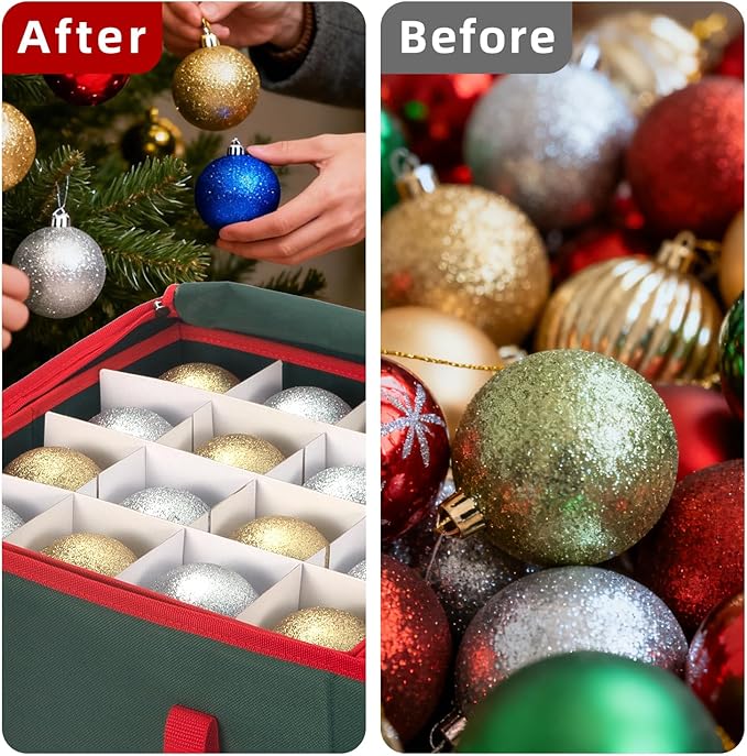 ININ Christmas Ornament Storage Box with Adjustable Dividers,Christmas Ornaments Organizer with Zippered Top,Storage Container Bin with Side Pockets for Holiday Decorations(128 Ball, Green, with Tray)