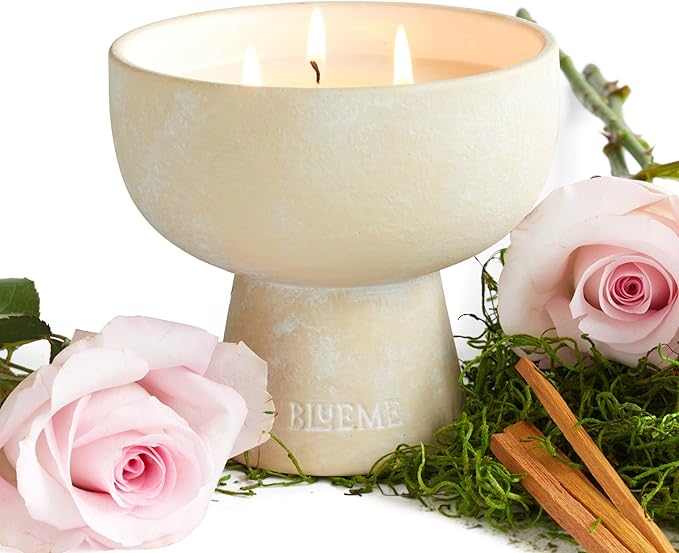 Blueme Romance Candle | Oakmoss & Sandalwood | 3 Wick - Refillable Wellness Candle with Essential Oils, Hand Finished & Poured Soy Wax Blend Ceramic Vessel, Natural Cotton Wicks | Medium 12 oz