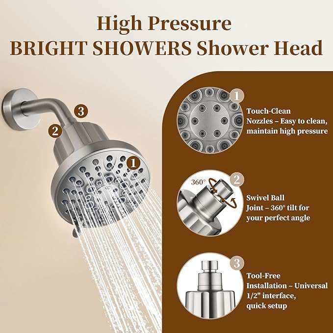 BRIGHT SHOWERS Filtered Shower Head, High Pressure Fixed Showerhead for Hard Water, Dual-Media Filter Removes Chlorine & Impurities, 8 Spray Modes, Brushed Nickel