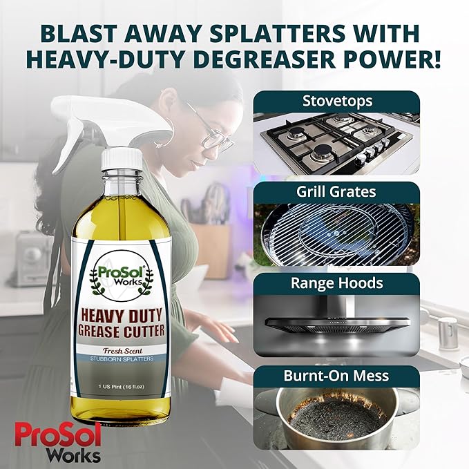 PROSOL WORKS Degreaser Cleaner Heavy Duty Cleaning Spray 16 oz - Kitchen Cleaner for Stubborn Splatters, Stove Top, Grill, Drip Pans, & Oven Cleaner - Safe on All Surfaces - Fresh Scent