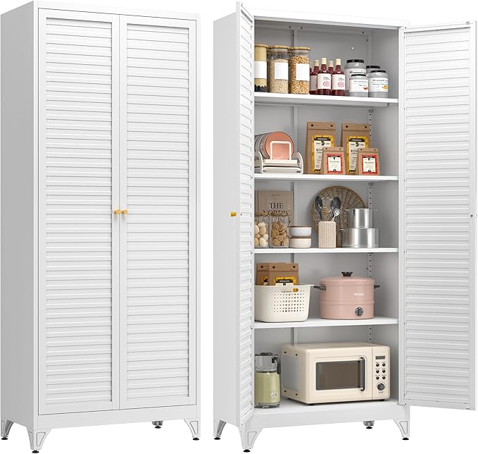 75" Kitchen Pantry Cabinet, White Metal Storage Cabinet with Doors and 4 Adjustable Shelves, Tall Metal Pantry Cabinets, Large Cupboard for Kitchen, Dining Living Room, Bathroom, Office