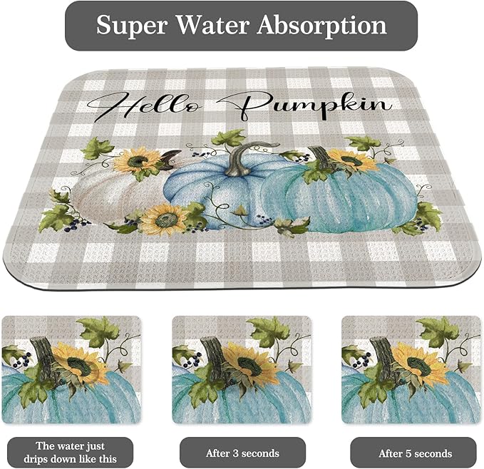Quick Absorbent Kitchen Drying Mat - Stylish Patterns Fall Dish Drying Mat- 16×18 Inch & 18×24 Inch Pumpkin Kitchen Drainer Mat for Countertops, Dishes & Glassware