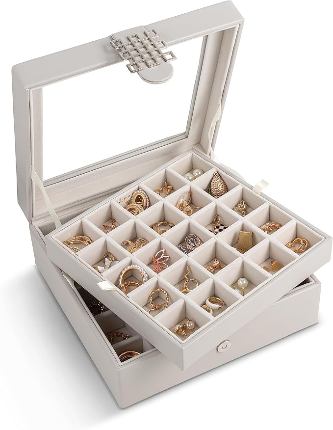Glenor Co Earring Organizer - Classic 50 Section Jewelry Box/Case/Holder for Earrings, Rings, Necklaces, Jewelry, Cufflinks or Collections -2 Layer Small Compartments with Large Glass Top - Grey