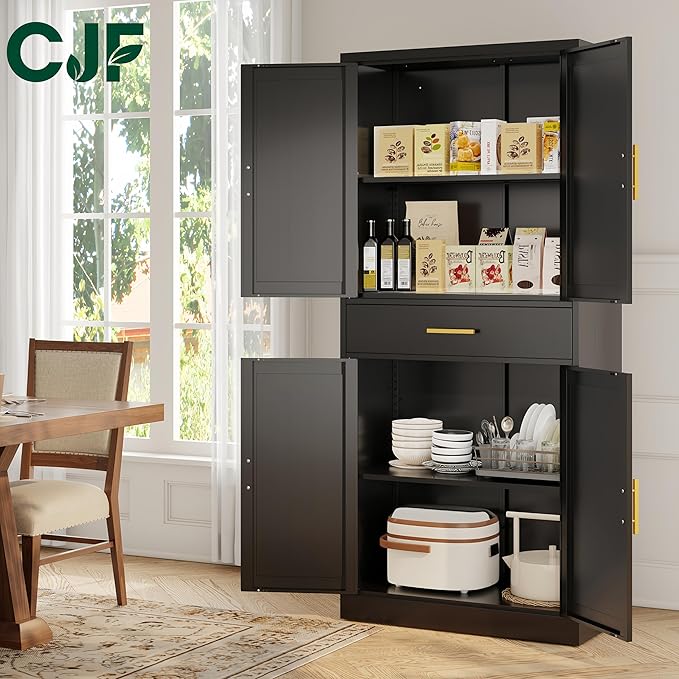 CJF White Kitchen Pantry Cabinet, 71 Inch Tall Metal Storage Cabinet with Adjustable Shelves and 1 Drawer, Freestanding Pantry Cabinet for Kitchen, Living Room, Dining Room, Bathroom, Easy to Assemble