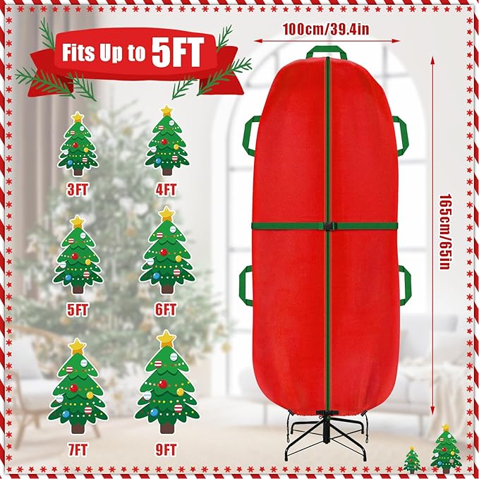 Jumbo Upright Christmas Tree Storage Bag, Upright Christmas Tree Storage Cover With Zipper & Adjustable Straps,Tear Resistant Upright Storage Christmas Tree Cover for 5 Foot Assembled Christmas Tree