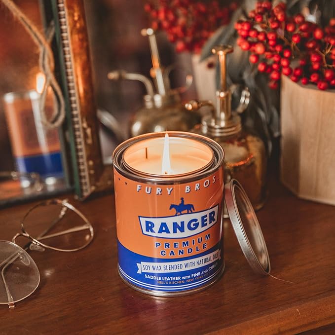 Fury Bros. Scented Candles for Men | Ranger | Saddle Leather Pine Citrus | Natural Soy Wax | Hand-Poured in The USA | Long 70-80 Hour Burn (12.5 oz) | Vintage-Inspired Tin Design | Dad Home Gift