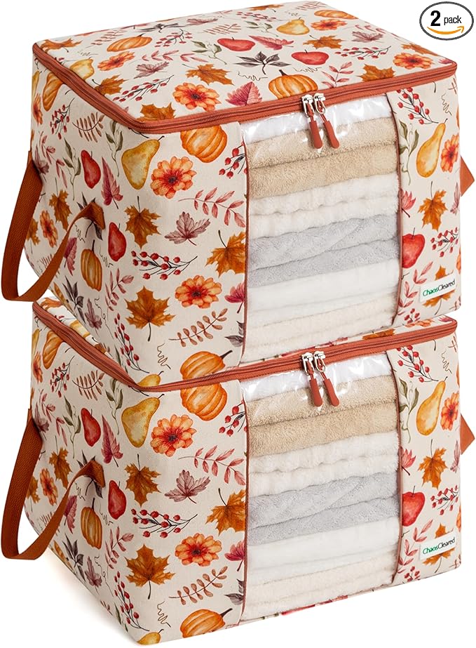 Canvas Storage Bags Designer Organizer 2 Pack – Seasonal Storage for Sweaters, Blankets, Linens & Garments – Foldable Design with Zip & Window, Moth-Proof Space Saver, Autumn Print