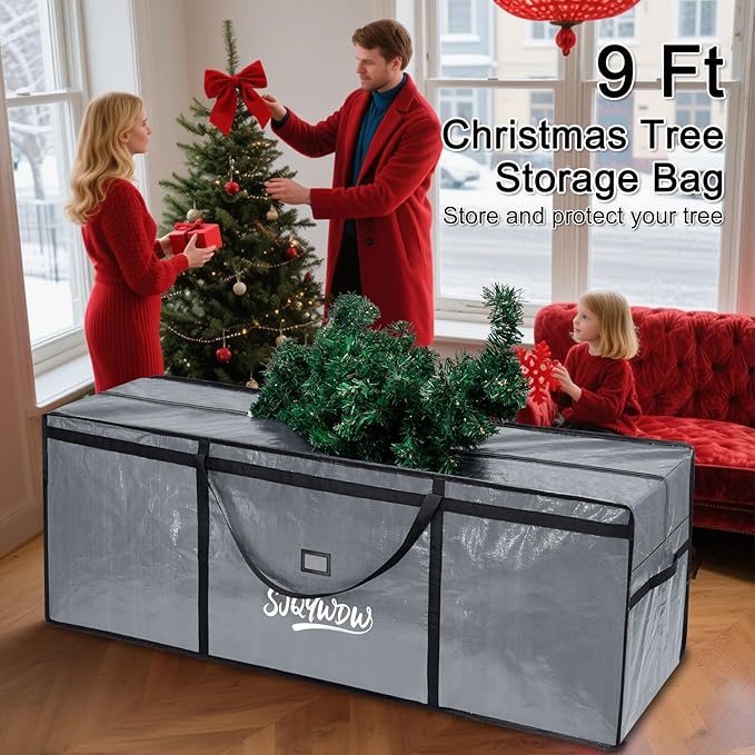 Christmas Tree Storage Bag 9ft, Heavy Duty Artificial Xmas Bag with Reinforced Handles, Dual Zippers Wide Opening, Two Mesh Pockets, PE Large Storage Container for Decorations Trees (Grey)