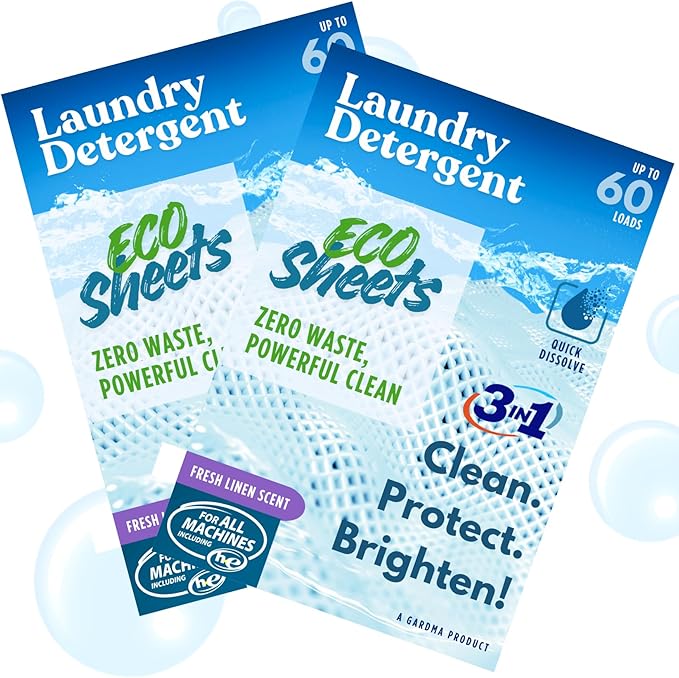 Laundry Detergent Sheets Fresh Linen Scent - 120 Loads Eco Liquidless Soap - Travel-Friendly for Hot & Cold Cycles, Tackles Tough Stains & Odors - Gentle on Skin, 60 Sheets